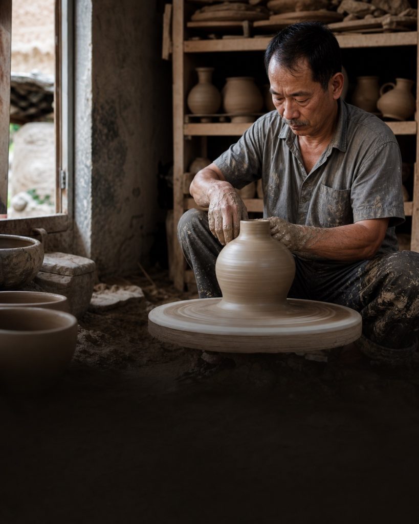 Nghệ nhân Bát Tràng tạo dáng gốm trên bàn xoay trong xưởng