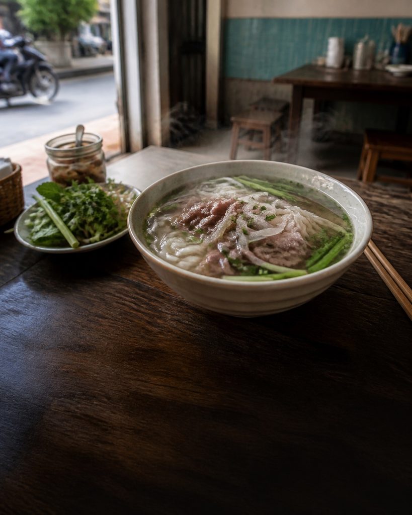 Bát phở bò Hà Nội với bánh phở, thịt bò và hành lá